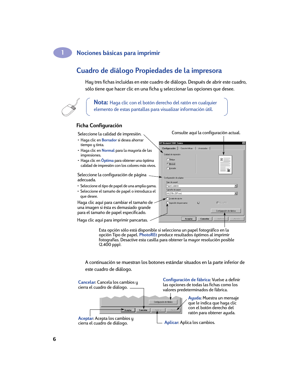 Cuadro de diálogo propiedades de la impresora, Ficha configuración, Nociones básicas para imprimir | Nota | HP Impresora HP Deskjet 932c User Manual | Page 12 / 75