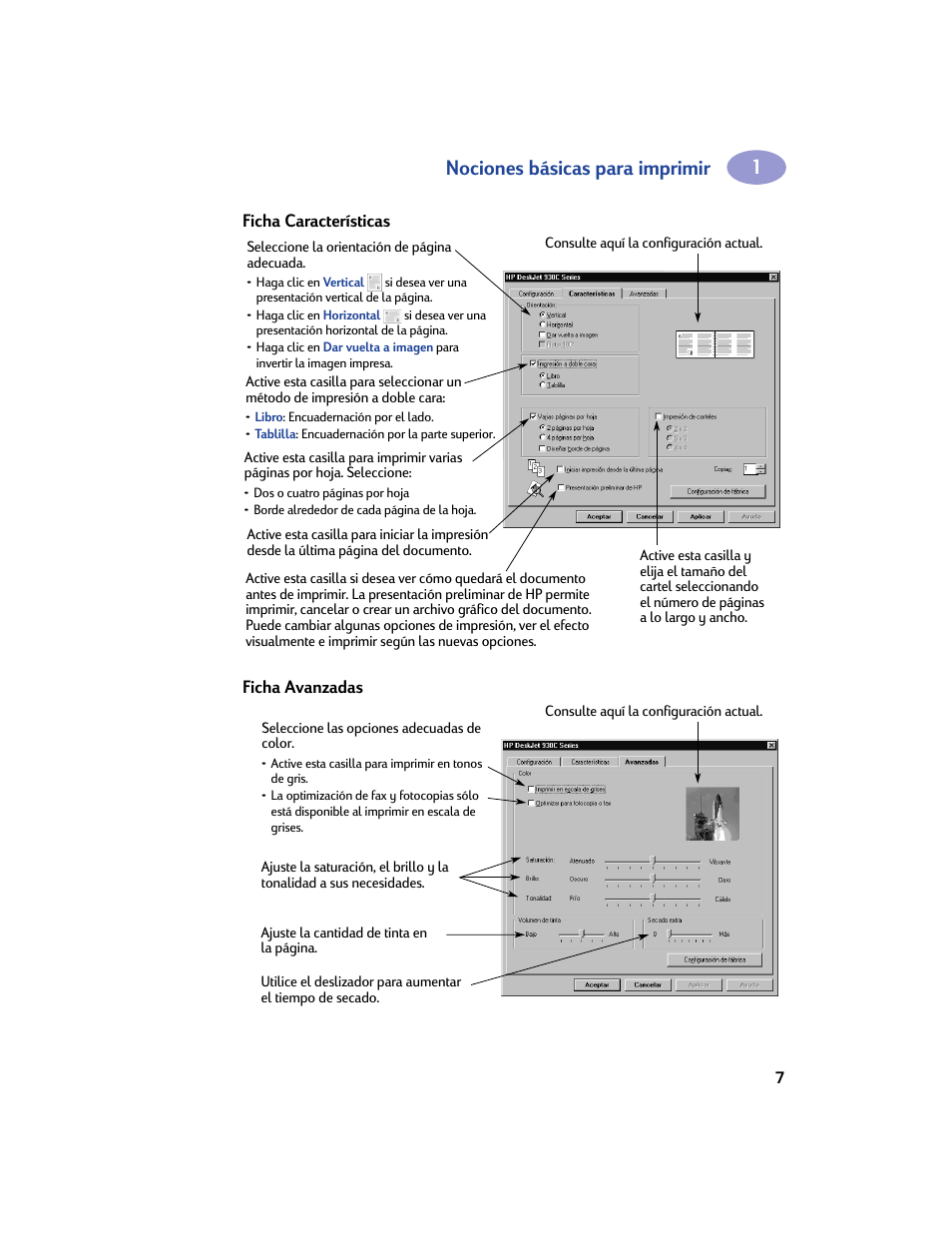 Ficha características, Ficha avanzadas, Nociones básicas para imprimir | HP Impresora HP Deskjet 932c User Manual | Page 13 / 75