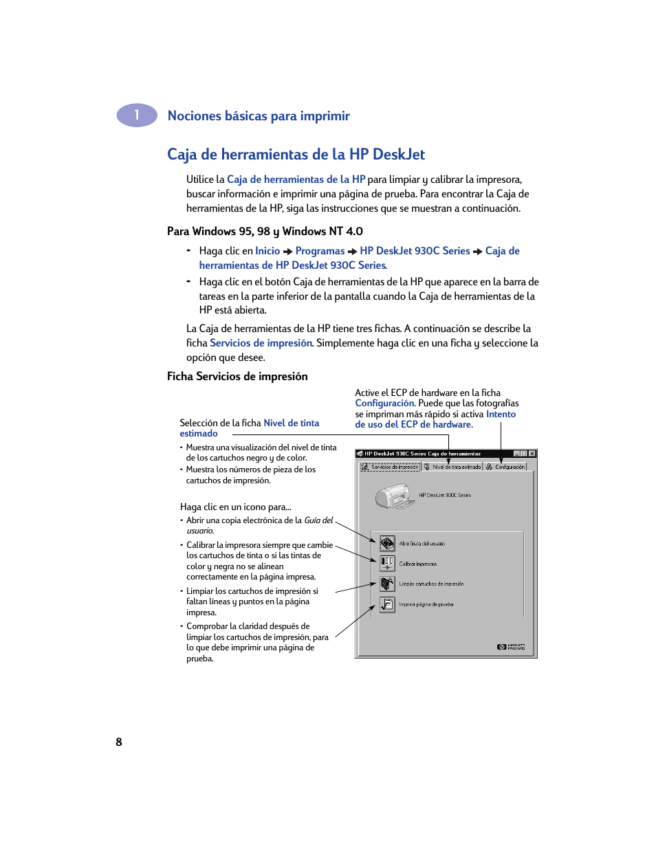 Caja de herramientas de la hp deskjet, Para windows 95, 98 y windows nt 4.0, Ficha servicios de impresión | Nociones básicas para imprimir | HP Impresora HP Deskjet 932c User Manual | Page 14 / 75