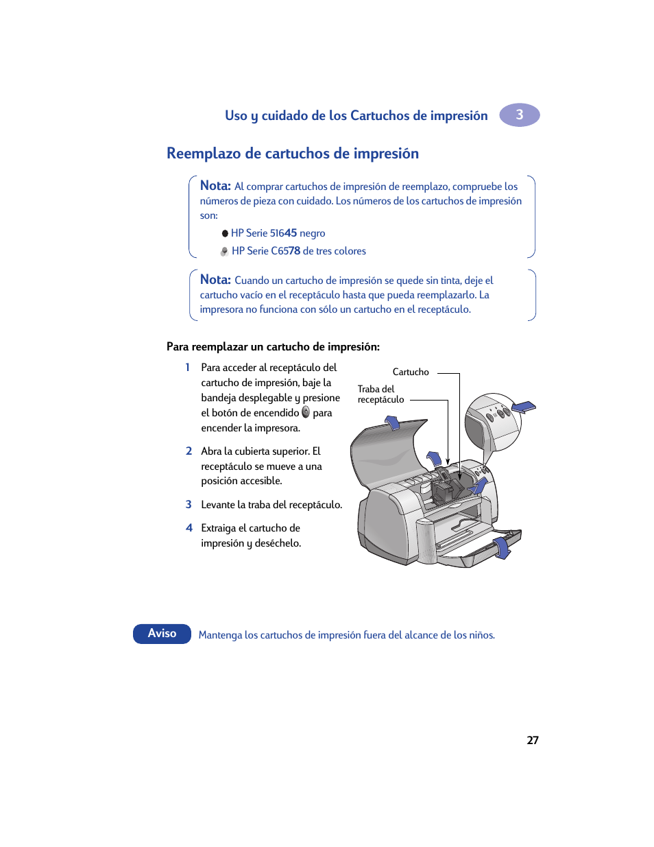 Reemplazo de cartuchos de impresión, Para reemplazar un cartucho de impresión | HP Impresora HP Deskjet 932c User Manual | Page 33 / 75