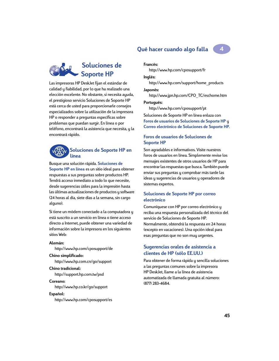 Soluciones de soporte hp, Soluciones de soporte hp en línea, 45 par | Qué hacer cuando algo falla | HP Impresora HP Deskjet 932c User Manual | Page 51 / 75