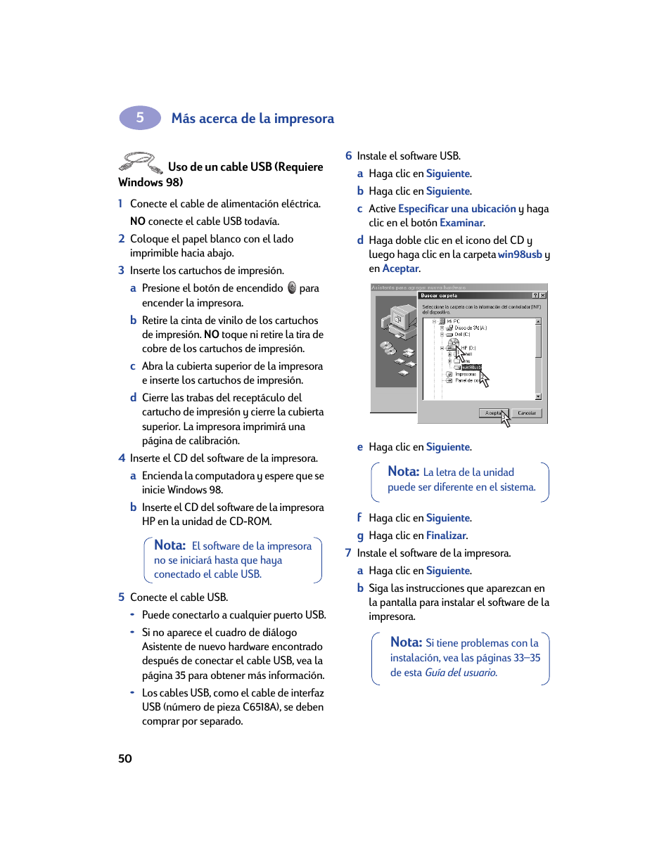 Uso de un cable usb (requiere windows 98), Más acerca de la impresora, Nota | HP Impresora HP Deskjet 932c User Manual | Page 56 / 75