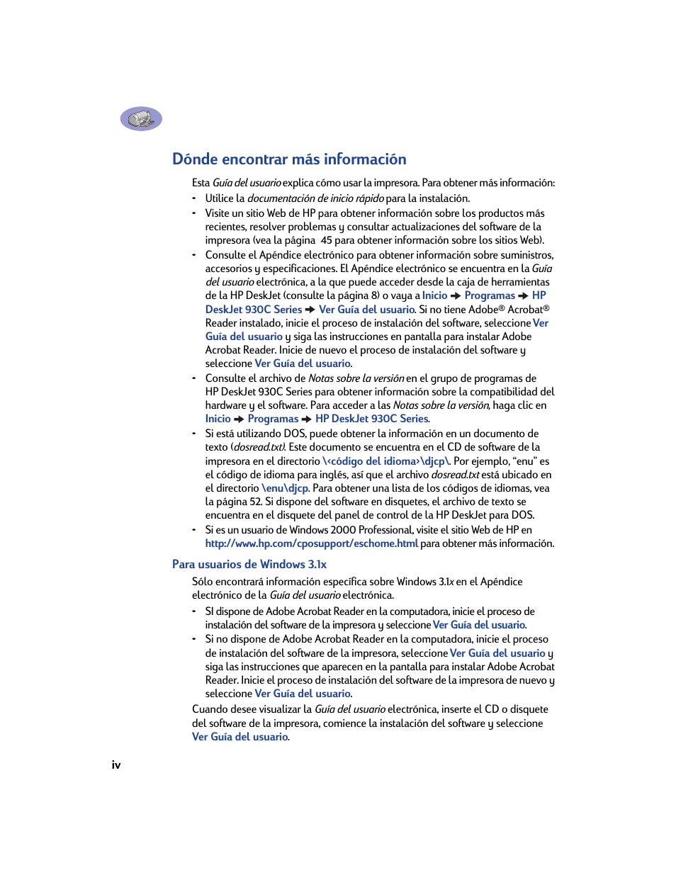 Dónde encontrar más información, Para usuarios de windows 3.1x | HP Impresora HP Deskjet 932c User Manual | Page 6 / 75