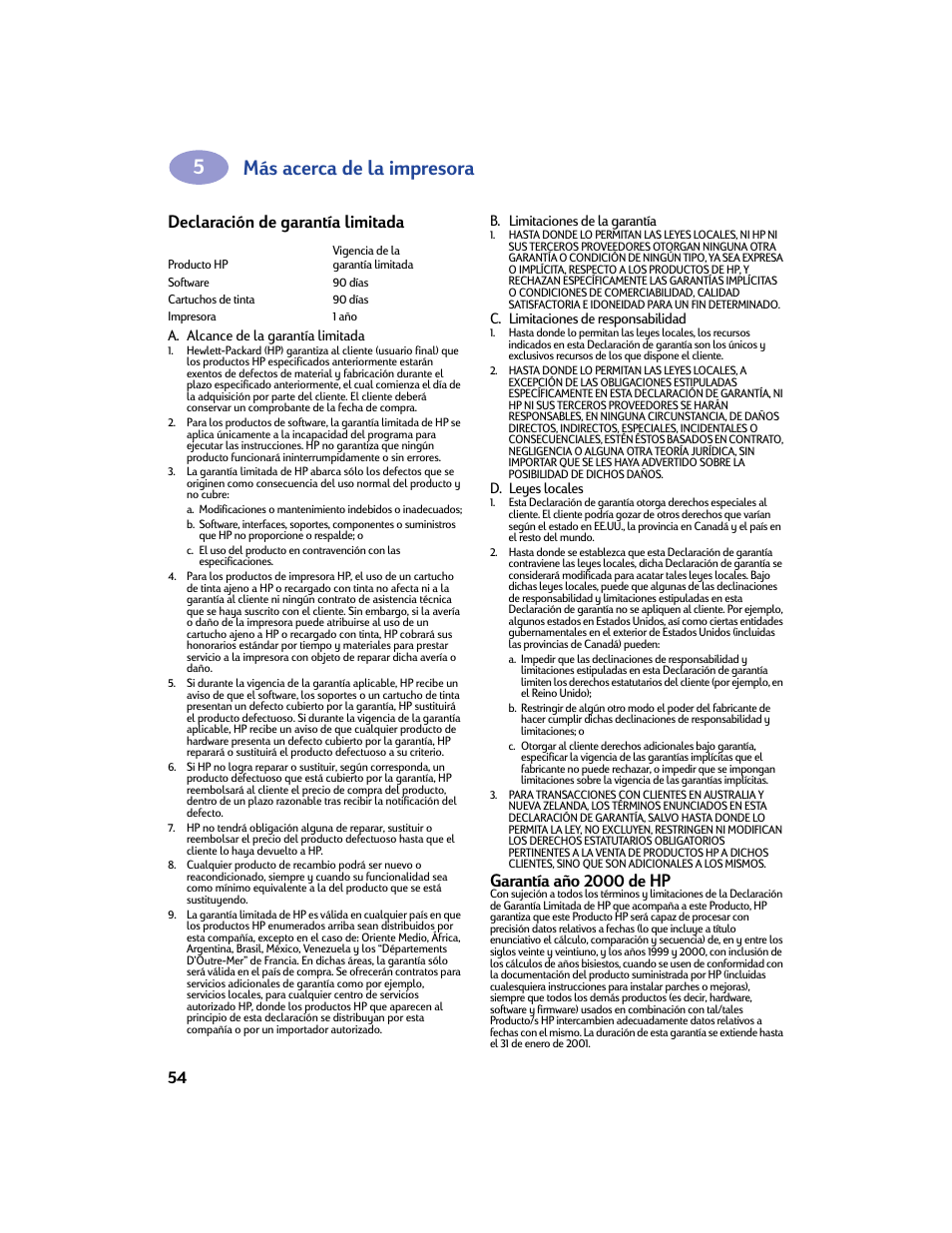 Declaración de garantía limitada, Garantía año 2000 de hp, Más acerca de la impresora | HP Impresora HP Deskjet 932c User Manual | Page 60 / 75