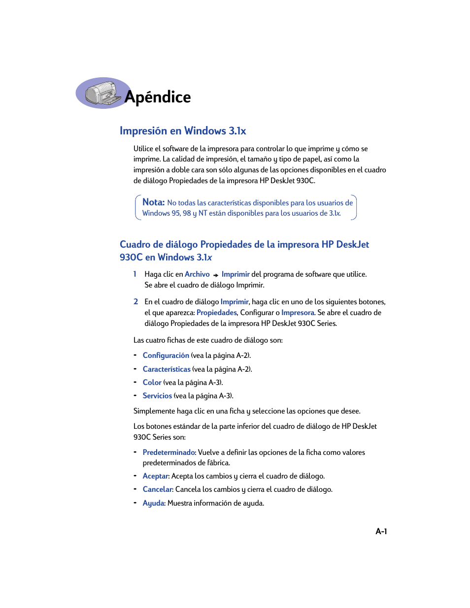 Apéndice, Impresión en windows 3.1x | HP Impresora HP Deskjet 932c User Manual | Page 65 / 75