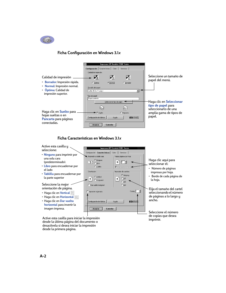 Ficha configuración en windows 3.1x, Ficha características en windows 3.1x | HP Impresora HP Deskjet 932c User Manual | Page 66 / 75