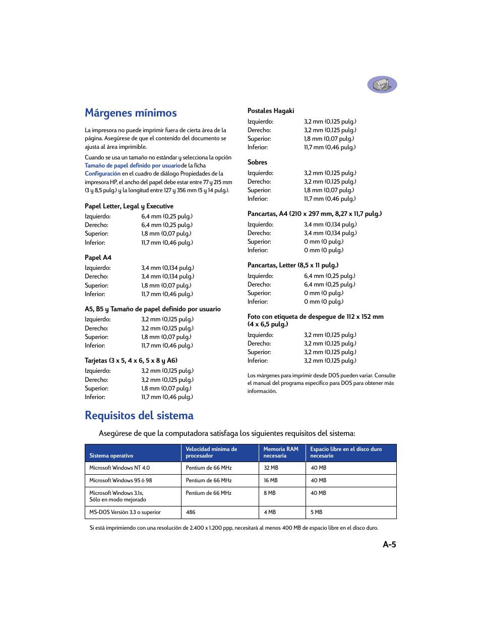 Márgenes mínimos, Requisitos del sistema, Requisitos del | HP Impresora HP Deskjet 932c User Manual | Page 69 / 75