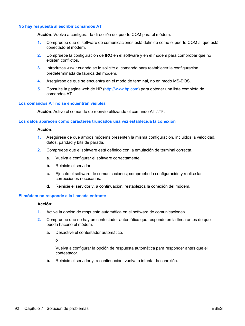 No hay respuesta al escribir comandos at, Los comandos at no se encuentran visibles, El módem no responde a la llamada entrante | HP Servidor HP ProLiant DL120 G6 User Manual | Page 101 / 133