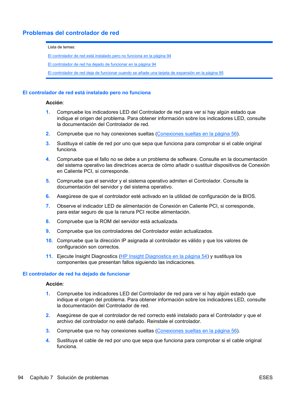 Problemas del controlador de red, El controlador de red ha dejado de funcionar | HP Servidor HP ProLiant DL120 G6 User Manual | Page 103 / 133