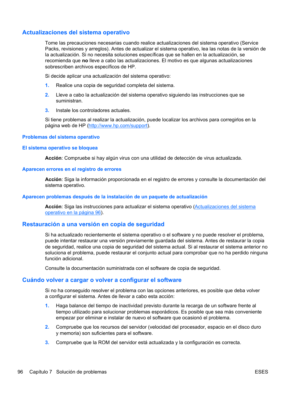Actualizaciones del sistema operativo, Problemas del sistema operativo, El sistema operativo se bloquea | Aparecen errores en el registro de errores, Restauración a una versión en copia de seguridad, Problemas del | HP Servidor HP ProLiant DL120 G6 User Manual | Page 105 / 133