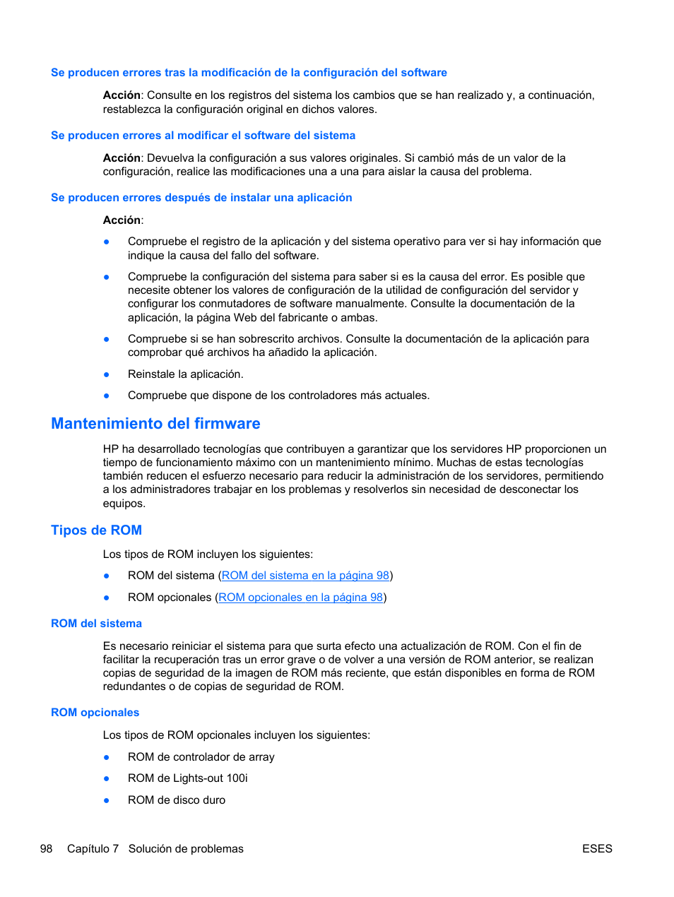 Mantenimiento del firmware, Tipos de rom, Rom del sistema | Rom opcionales, Rom del sistema rom opcionales, Del firmware, L firmware | HP Servidor HP ProLiant DL120 G6 User Manual | Page 107 / 133