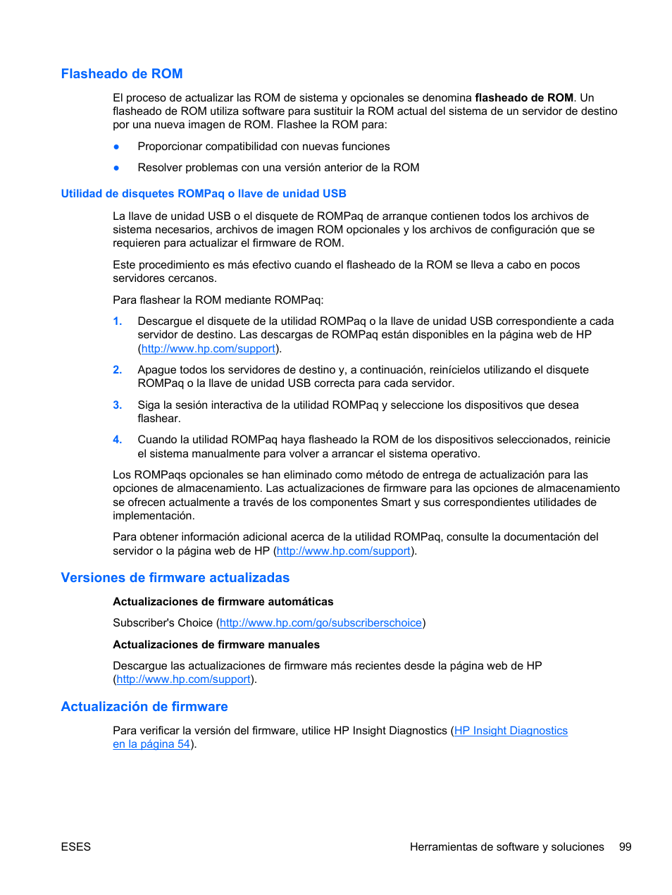 Flasheado de rom, Utilidad de disquetes rompaq o llave de unidad usb, Versiones de firmware actualizadas | Actualización de firmware | HP Servidor HP ProLiant DL120 G6 User Manual | Page 108 / 133