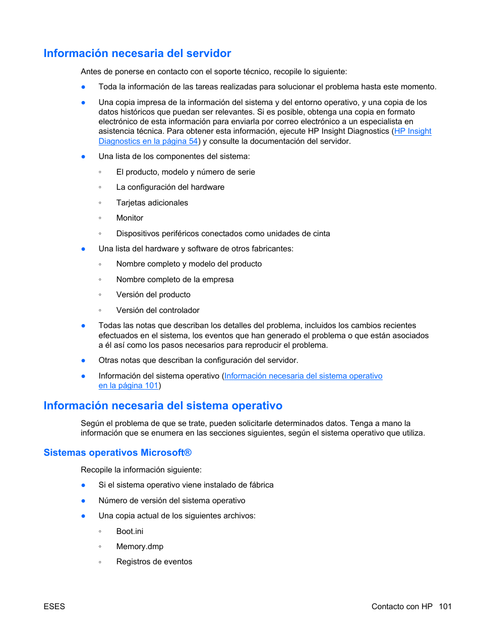 Información necesaria del servidor, Información necesaria del sistema operativo, Sistemas operativos microsoft | Información, Referente al servidor, Ante | HP Servidor HP ProLiant DL120 G6 User Manual | Page 110 / 133