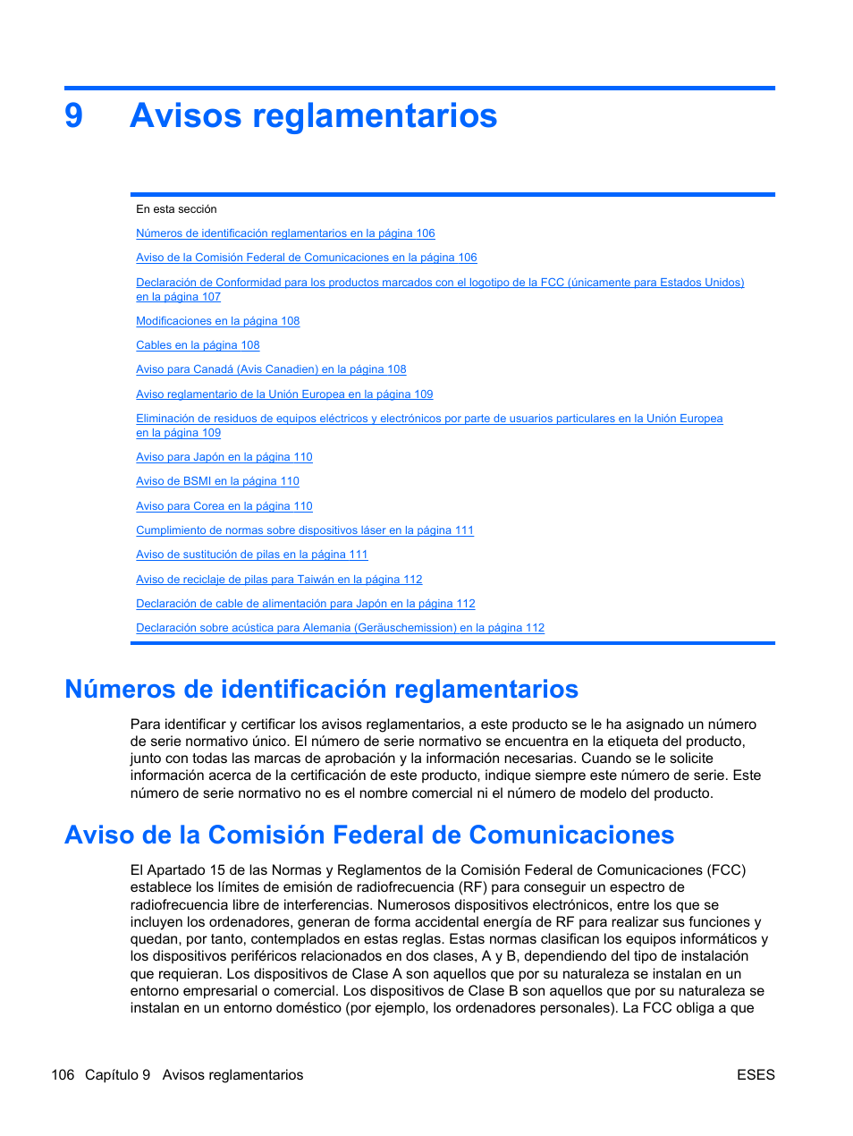 Avisos reglamentarios, Números de identificación reglamentarios, Aviso de la comisión federal de comunicaciones | 9 avisos reglamentarios, 9avisos reglamentarios | HP Servidor HP ProLiant DL120 G6 User Manual | Page 115 / 133