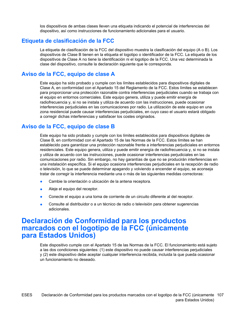 Etiqueta de clasificación de la fcc, Aviso de la fcc, equipo de clase a, Aviso de la fcc, equipo de clase b | HP Servidor HP ProLiant DL120 G6 User Manual | Page 116 / 133