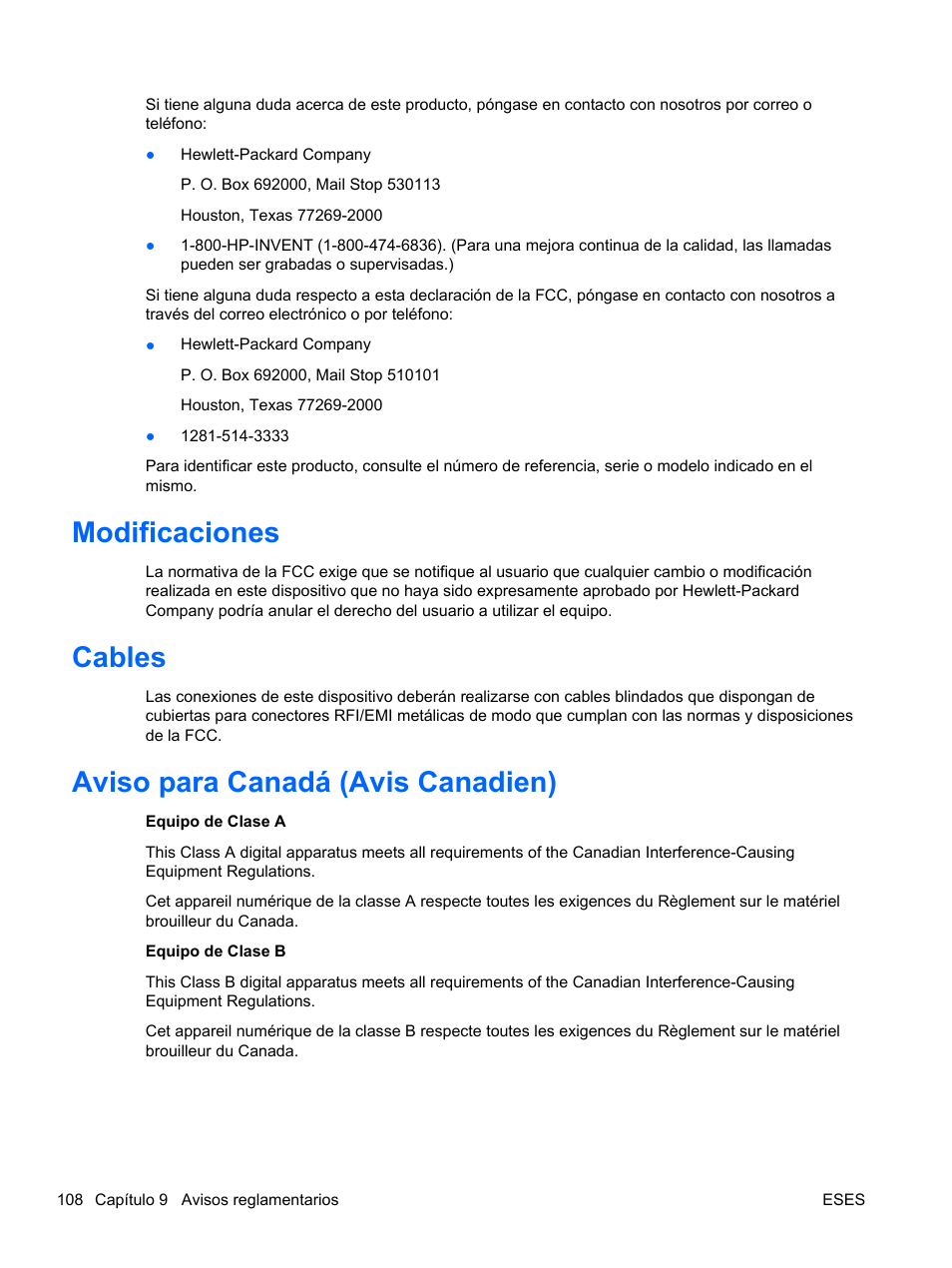 Modificaciones, Cables, Aviso para canadá (avis canadien) | HP Servidor HP ProLiant DL120 G6 User Manual | Page 117 / 133