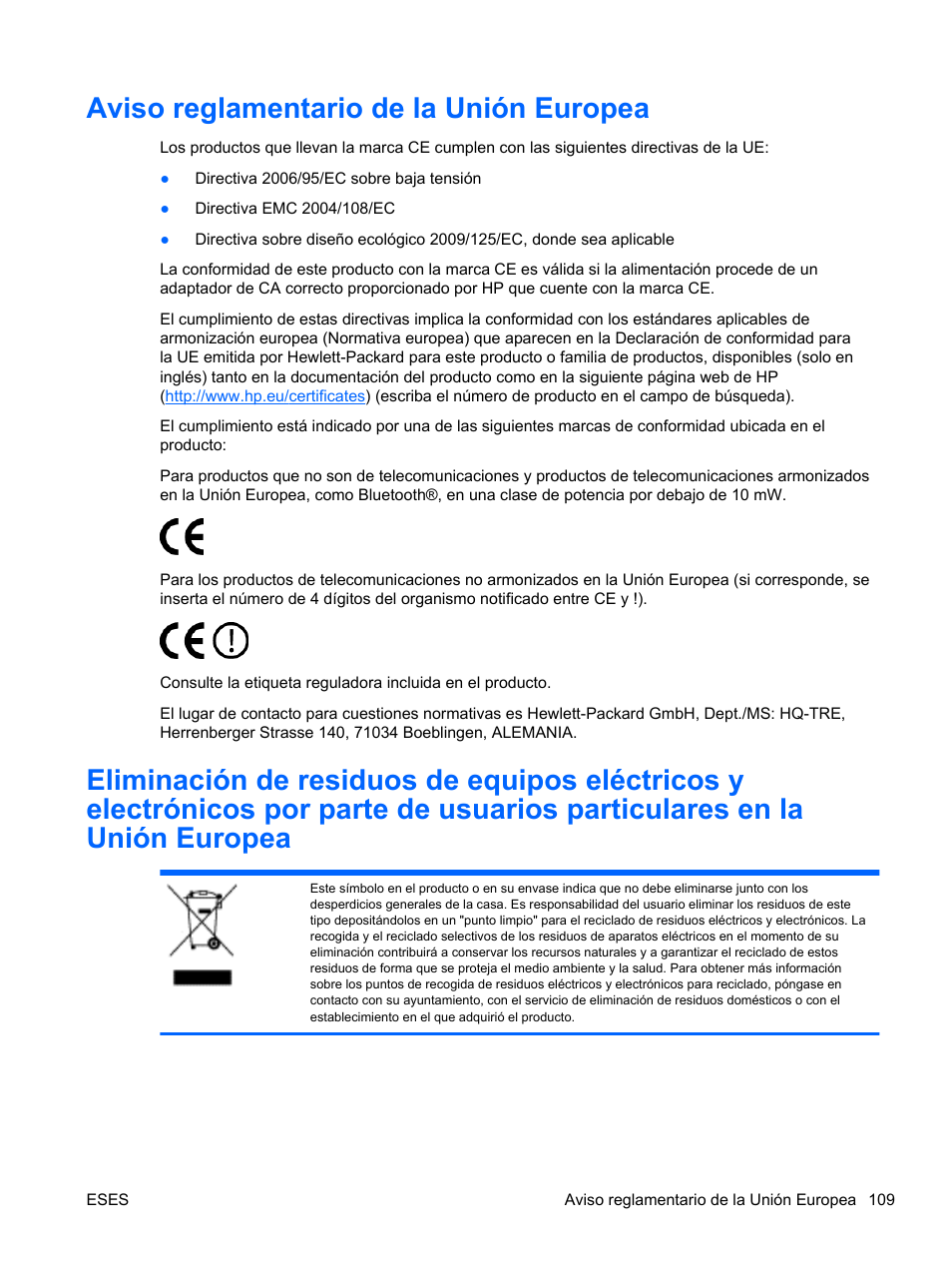 Aviso reglamentario de la unión europea | HP Servidor HP ProLiant DL120 G6 User Manual | Page 118 / 133