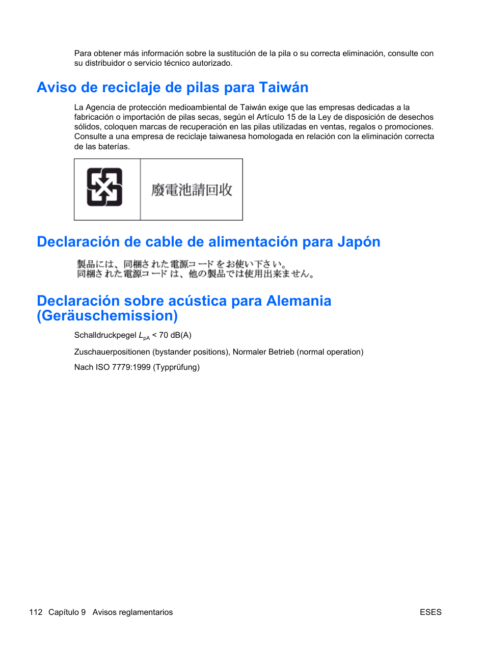 Aviso de reciclaje de pilas para taiwán, Declaración de cable de alimentación para japón | HP Servidor HP ProLiant DL120 G6 User Manual | Page 121 / 133