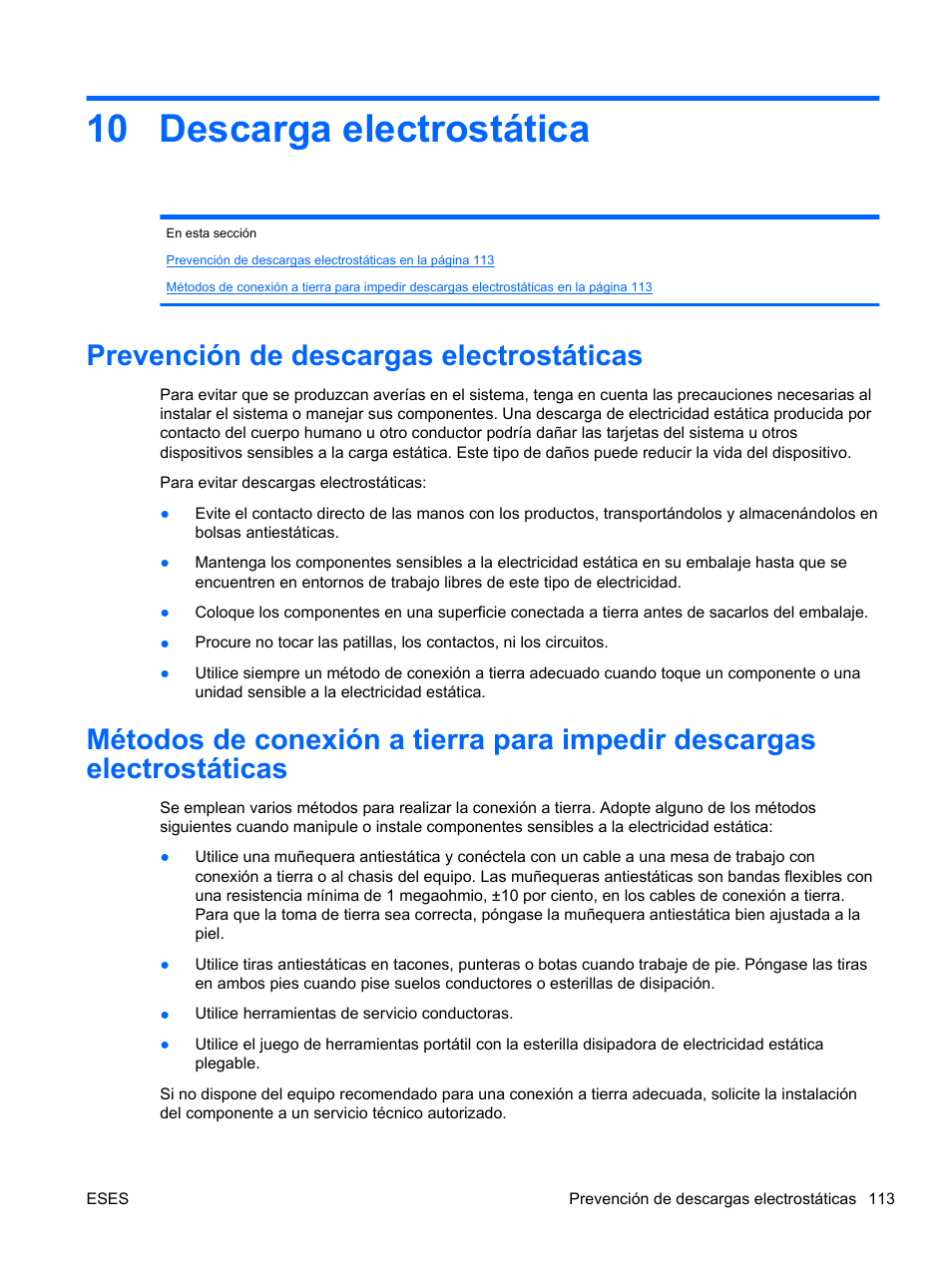 Descarga electrostática, Prevención de descargas electrostáticas, 10 descarga electrostática | HP Servidor HP ProLiant DL120 G6 User Manual | Page 122 / 133