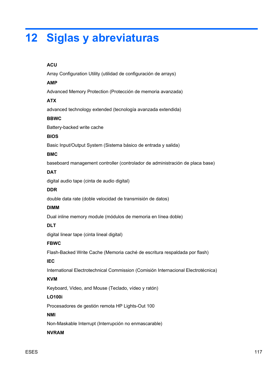 Siglas y abreviaturas, 12 siglas y abreviaturas | HP Servidor HP ProLiant DL120 G6 User Manual | Page 126 / 133