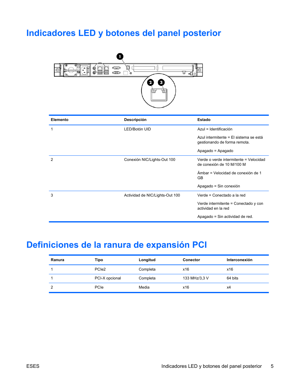 Indicadores led y botones del panel posterior, Definiciones de la ranura de expansión pci, Indicadores led y botones | HP Servidor HP ProLiant DL120 G6 User Manual | Page 14 / 133