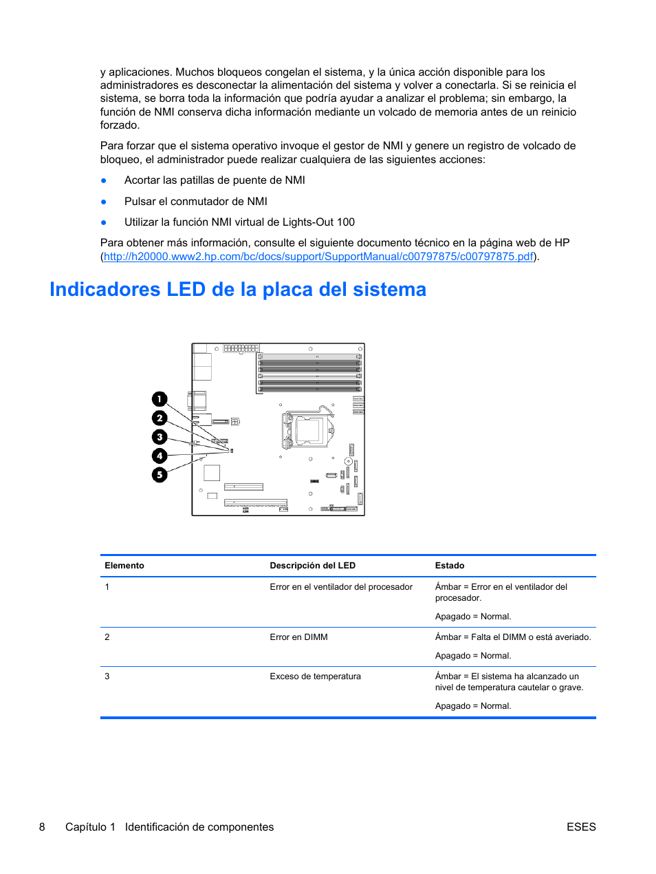 Indicadores led de la placa del sistema, Indicadores led de la, Indicadores led de la placa | HP Servidor HP ProLiant DL120 G6 User Manual | Page 17 / 133