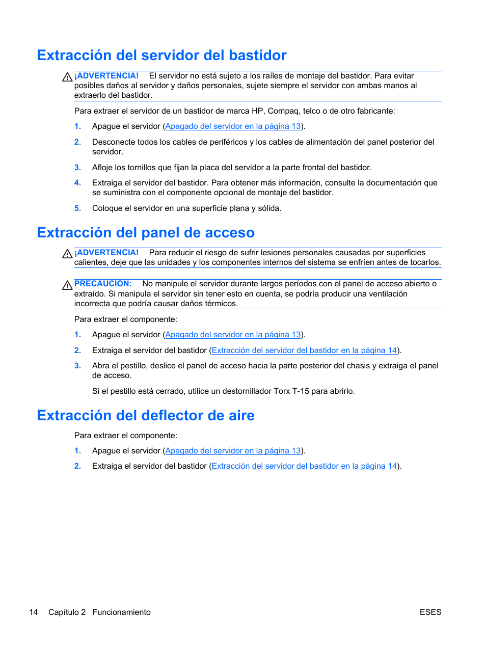 Extracción del servidor del bastidor, Extracción del panel de acceso, Extracción del deflector de aire | HP Servidor HP ProLiant DL120 G6 User Manual | Page 23 / 133