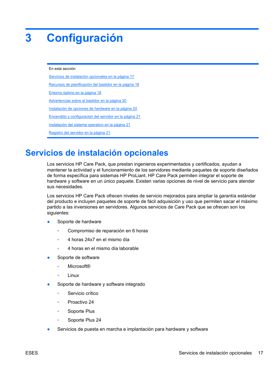 Configuración, Servicios de instalación opcionales, 3 configuración | 3configuración | HP Servidor HP ProLiant DL120 G6 User Manual | Page 26 / 133