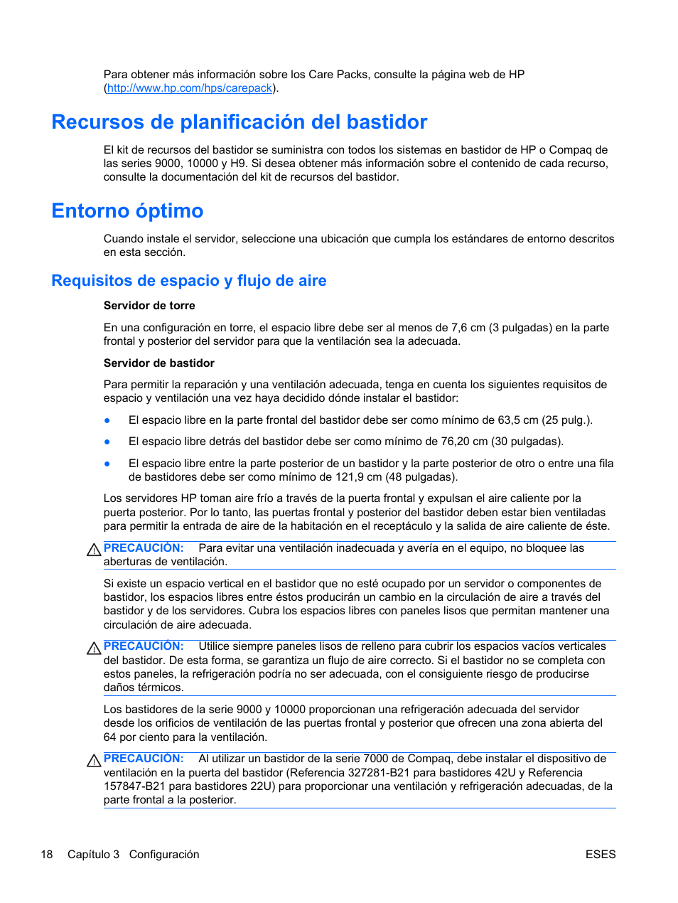 Recursos de planificación del bastidor, Entorno óptimo, Requisitos de espacio y flujo de aire | HP Servidor HP ProLiant DL120 G6 User Manual | Page 27 / 133