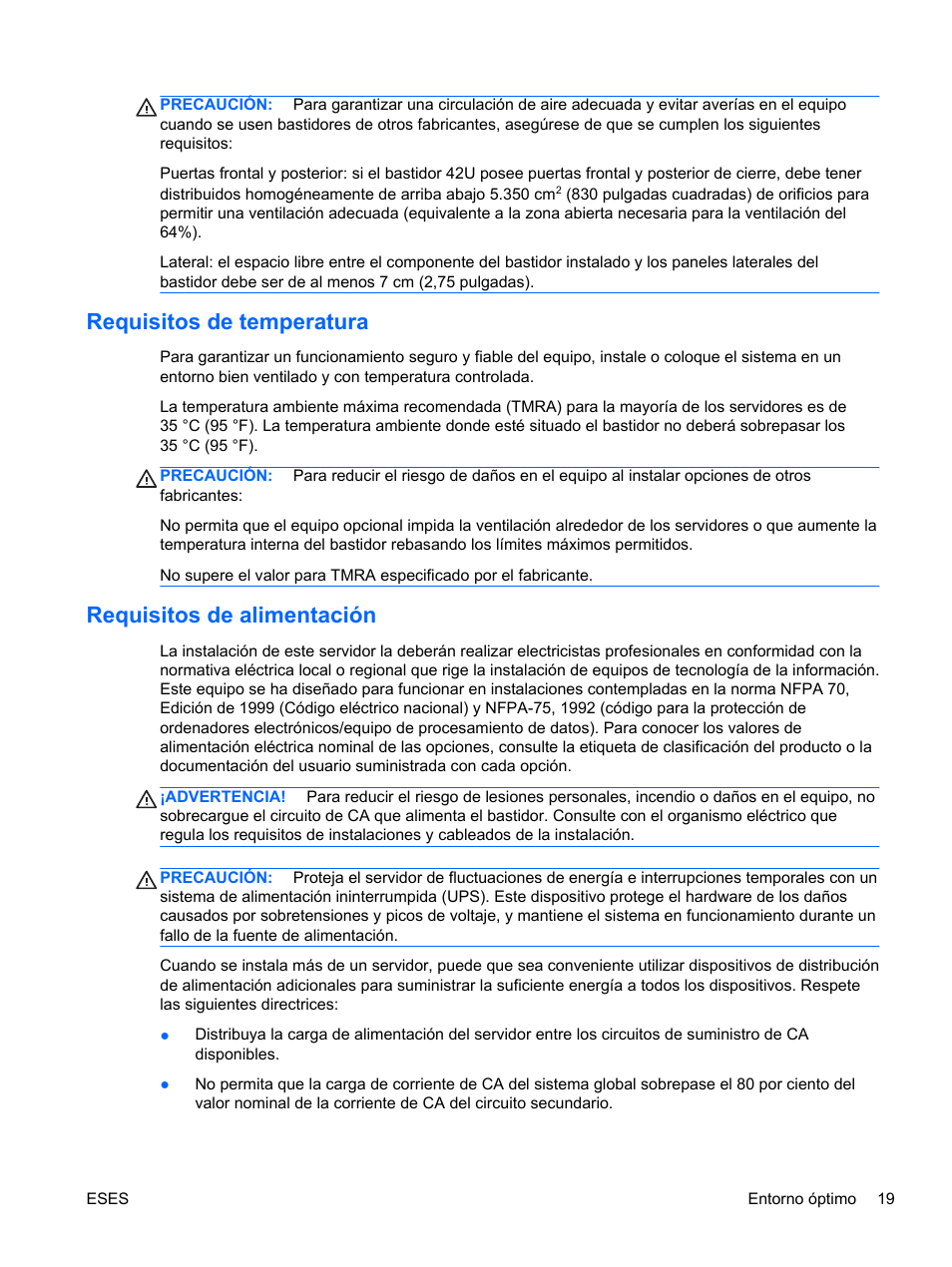 Requisitos de temperatura, Requisitos de alimentación | HP Servidor HP ProLiant DL120 G6 User Manual | Page 28 / 133