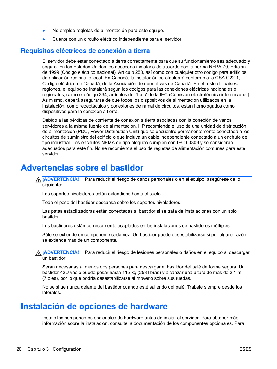 Requisitos eléctricos de conexión a tierra, Advertencias sobre el bastidor, Instalación de opciones de hardware | HP Servidor HP ProLiant DL120 G6 User Manual | Page 29 / 133