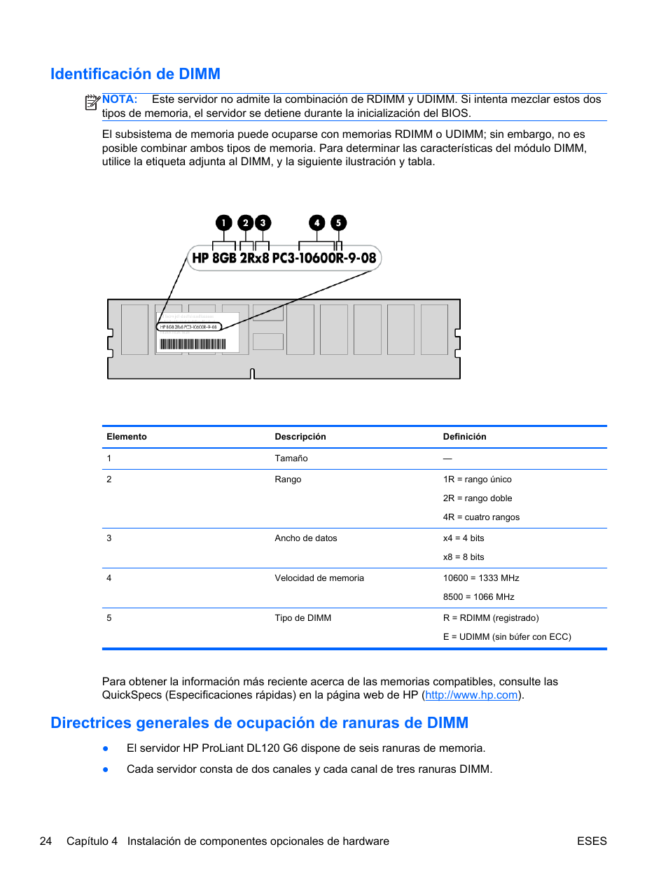 Identificación de dimm | HP Servidor HP ProLiant DL120 G6 User Manual | Page 33 / 133