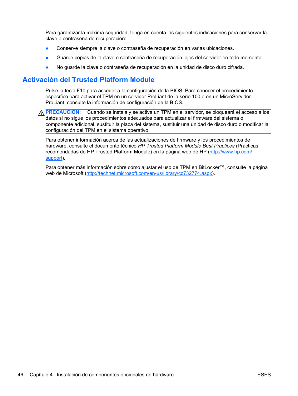 Activación del trusted platform module | HP Servidor HP ProLiant DL120 G6 User Manual | Page 55 / 133