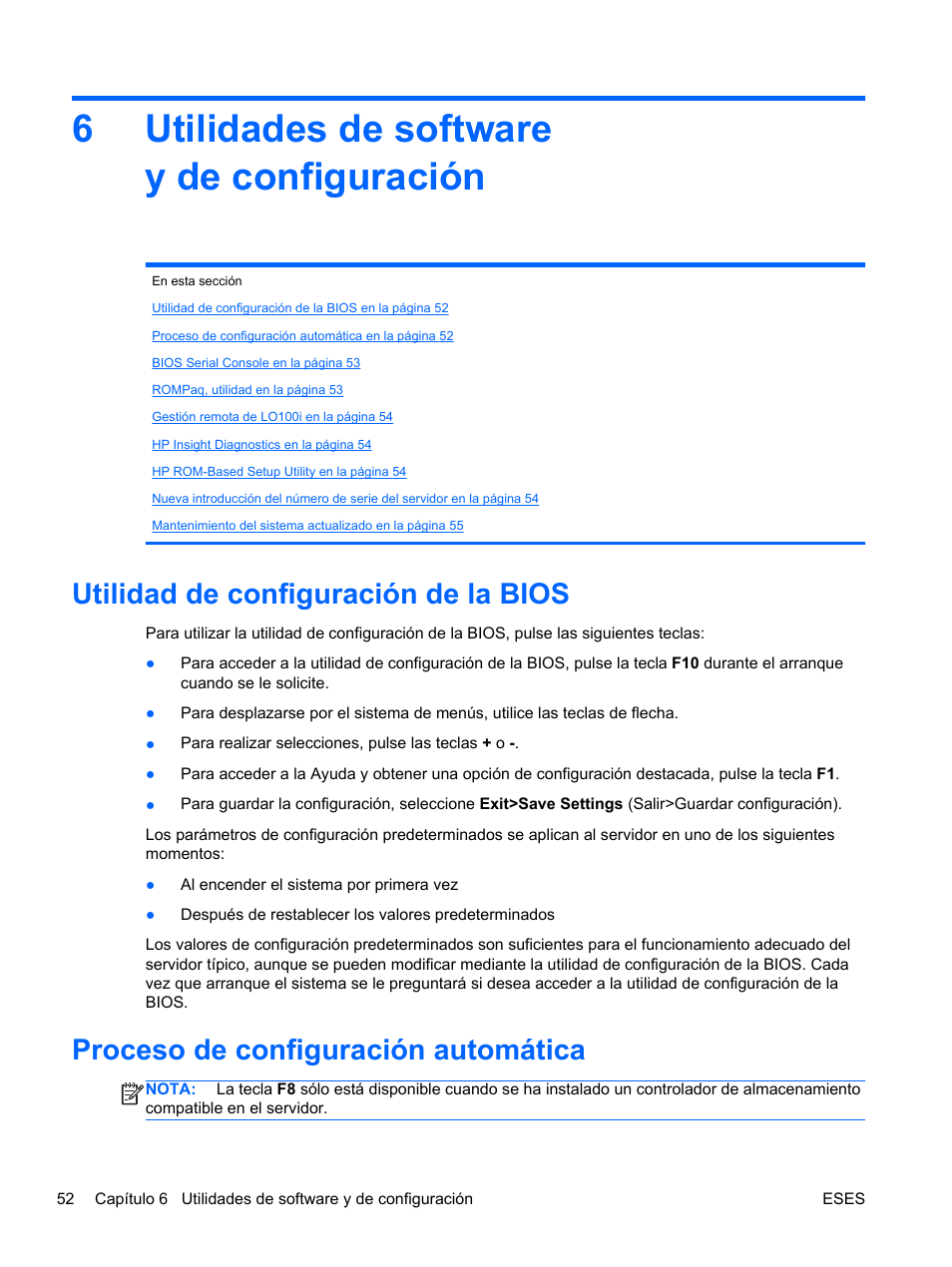 Utilidades de software y de configuración, Utilidad de configuración de la bios, Proceso de configuración automática | 6 utilidades de software y de configuración, 6utilidades de software y de configuración | HP Servidor HP ProLiant DL120 G6 User Manual | Page 61 / 133