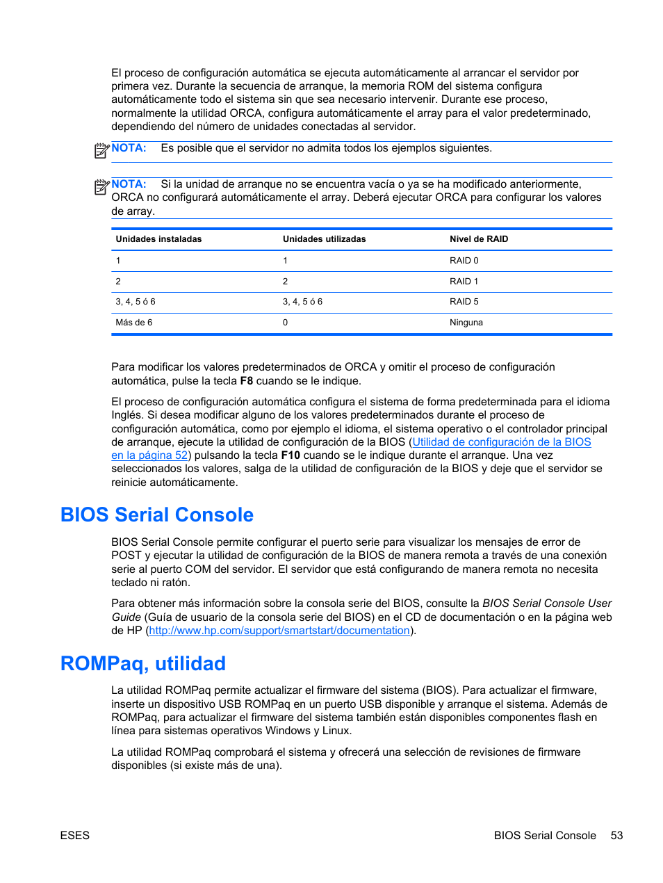 Bios serial console, Rompaq, utilidad, Bios serial console rompaq, utilidad | HP Servidor HP ProLiant DL120 G6 User Manual | Page 62 / 133