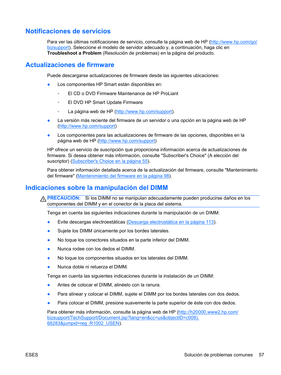 Notificaciones de servicios, Actualizaciones de firmware, Indicaciones sobre la manipulación del dimm | Dimm | HP Servidor HP ProLiant DL120 G6 User Manual | Page 66 / 133