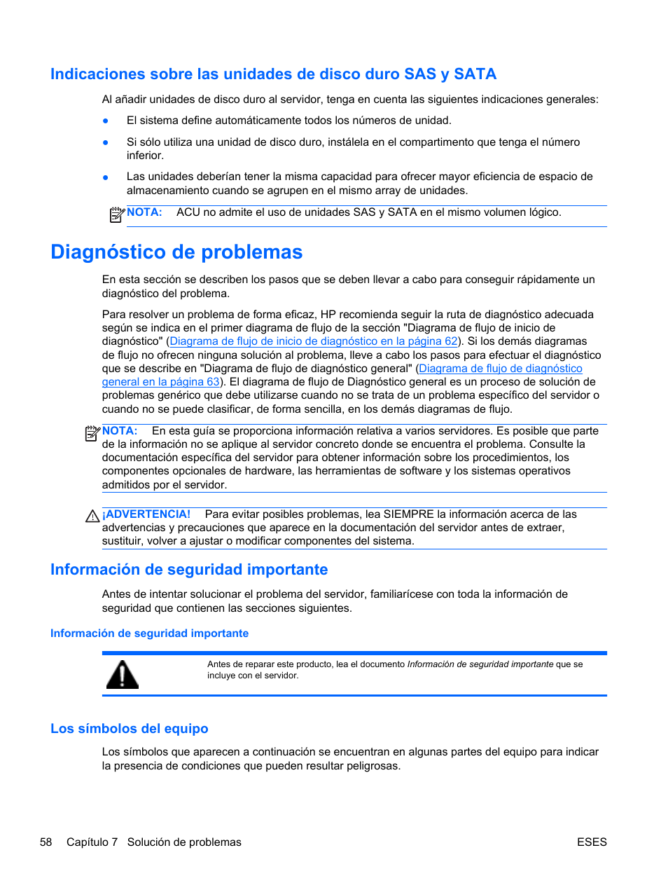 Diagnóstico de problemas, Información de seguridad importante, Los símbolos del equipo | Sata, Indicaciones sobre las unidades de | HP Servidor HP ProLiant DL120 G6 User Manual | Page 67 / 133