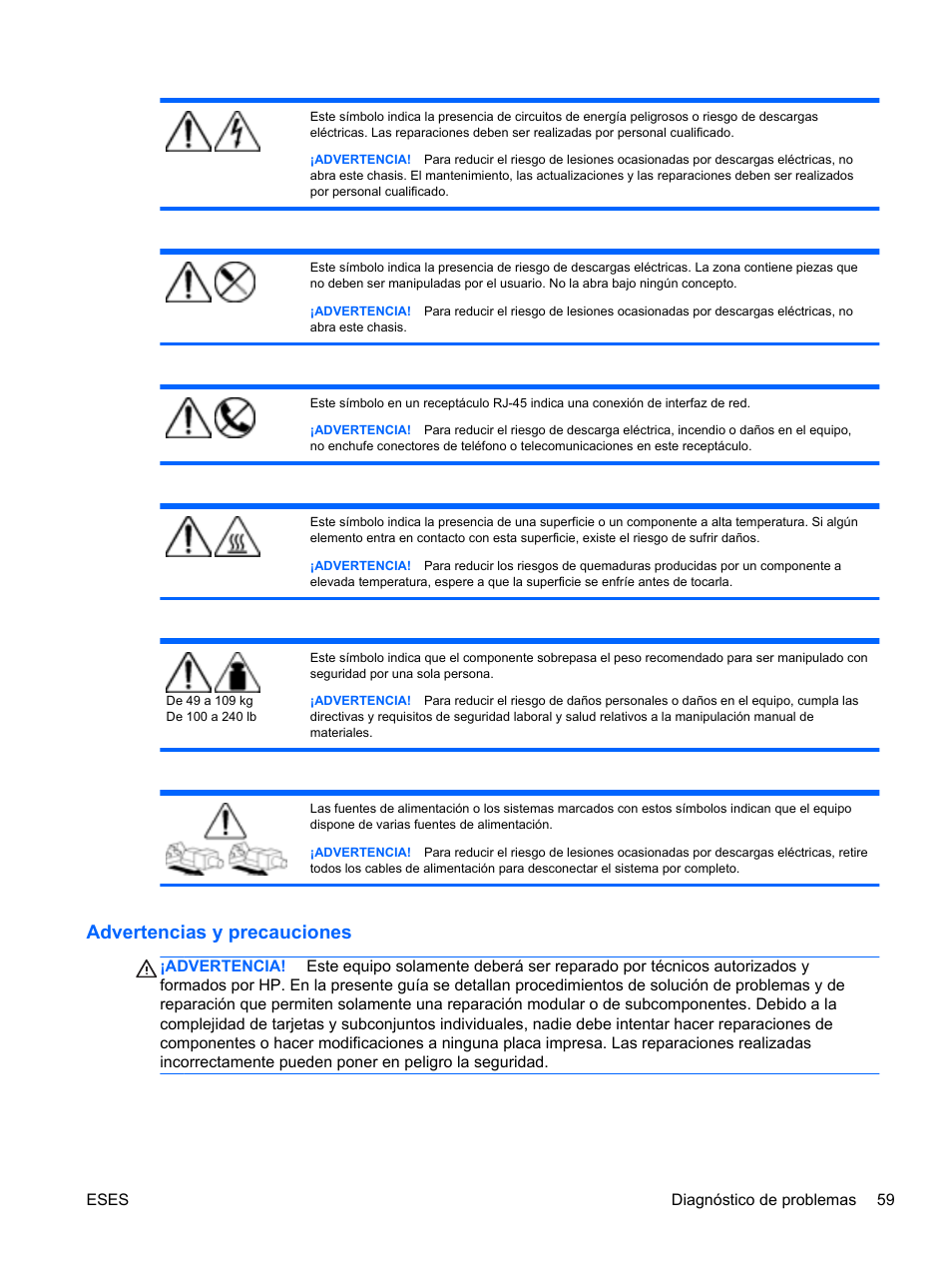 Advertencias y precauciones | HP Servidor HP ProLiant DL120 G6 User Manual | Page 68 / 133