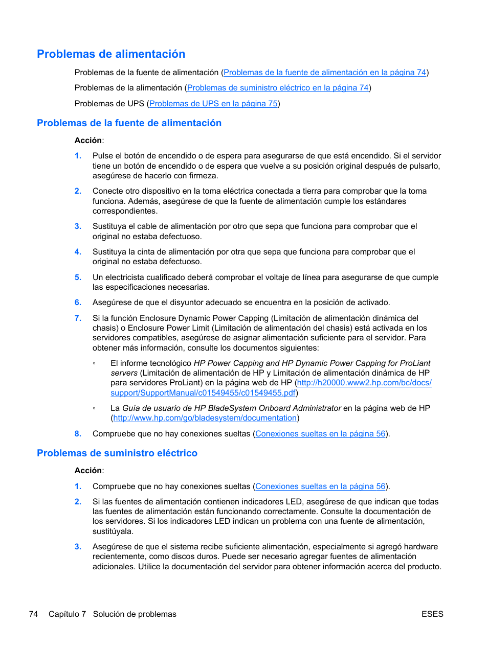 Problemas de alimentación, Problemas de la fuente de alimentación, Problemas de suministro eléctrico | Problemas de | HP Servidor HP ProLiant DL120 G6 User Manual | Page 83 / 133