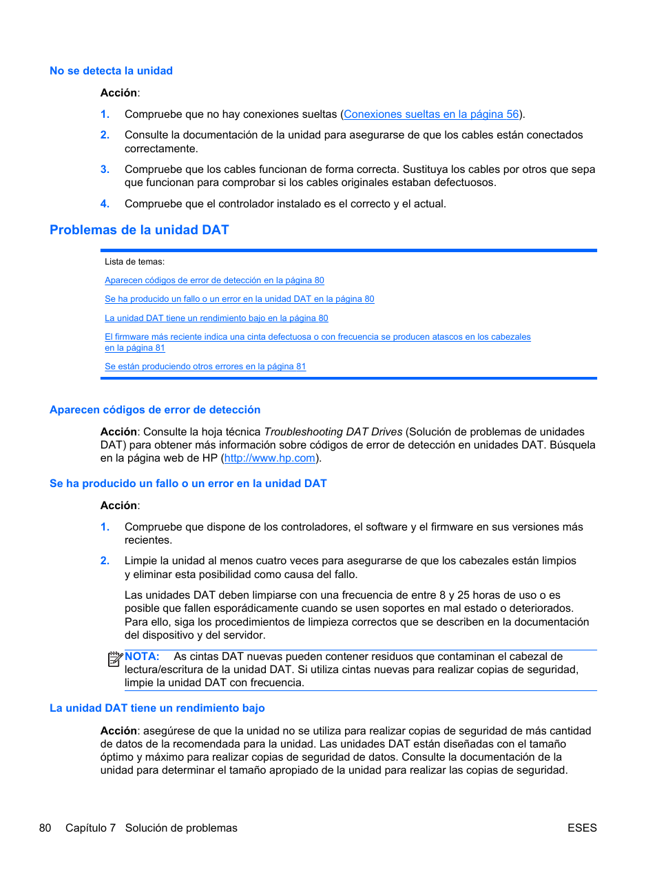 No se detecta la unidad, Problemas de la unidad dat, Aparecen códigos de error de detección | La unidad dat tiene un rendimiento bajo | HP Servidor HP ProLiant DL120 G6 User Manual | Page 89 / 133