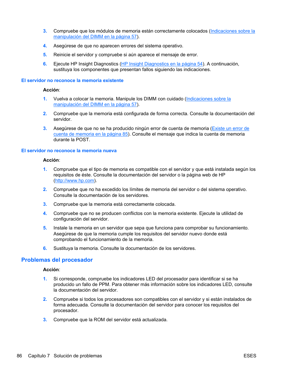 El servidor no reconoce la memoria existente, El servidor no reconoce la memoria nueva, Problemas del procesador | HP Servidor HP ProLiant DL120 G6 User Manual | Page 95 / 133