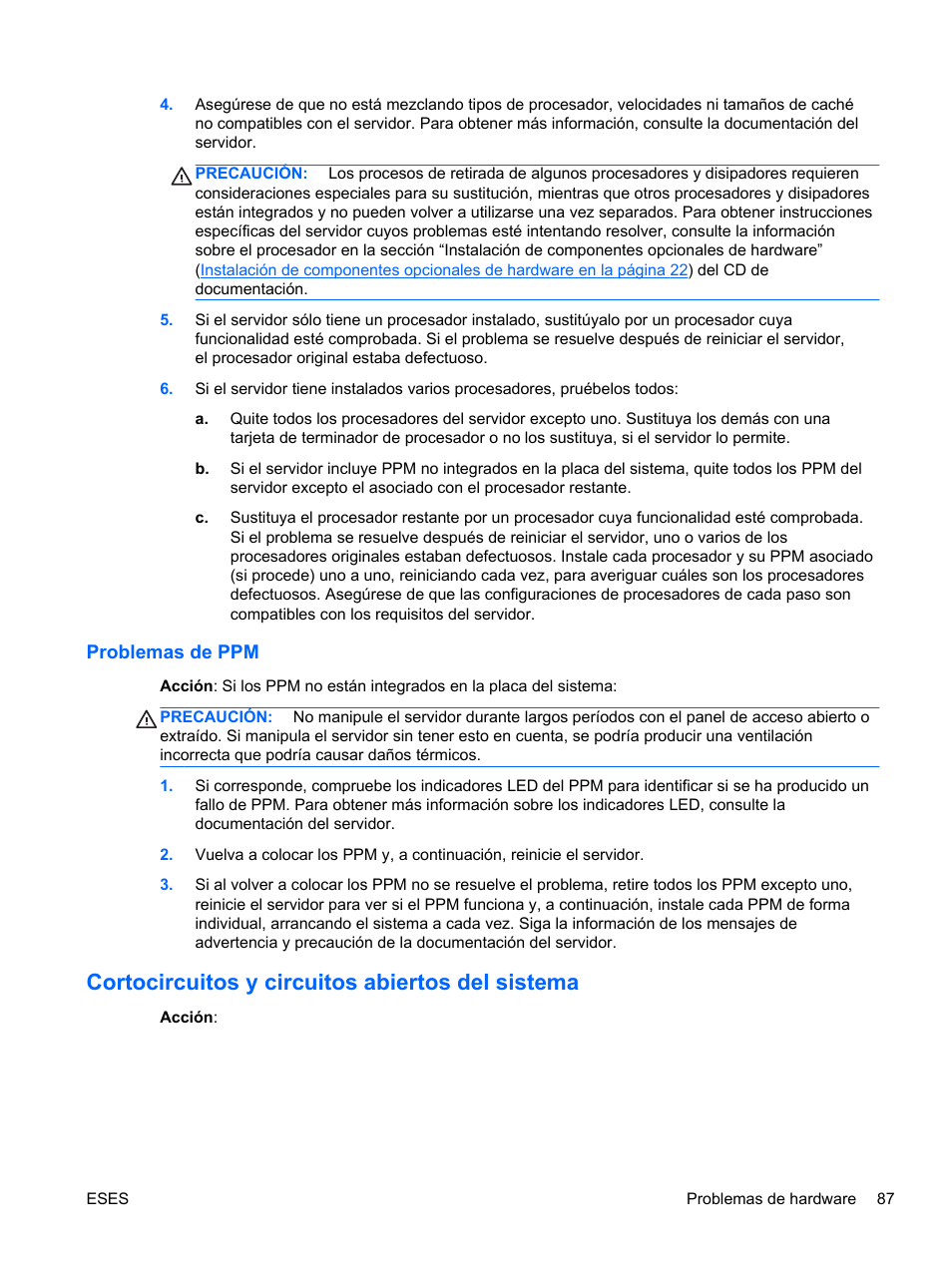 Problemas de ppm, Cortocircuitos y circuitos abiertos del sistema | HP Servidor HP ProLiant DL120 G6 User Manual | Page 96 / 133