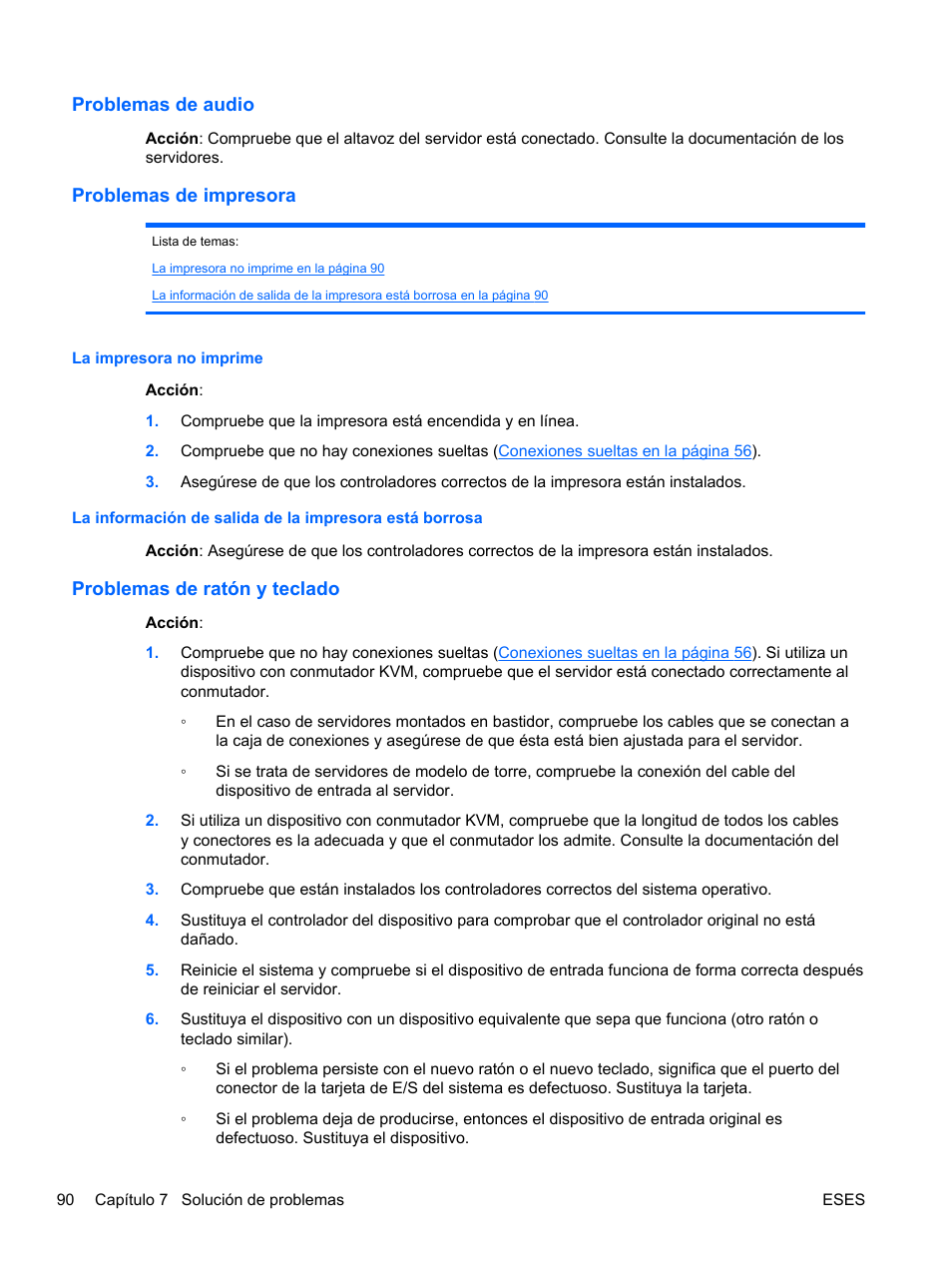 Problemas de audio, Problemas de impresora, La impresora no imprime | Problemas de ratón y teclado, Problemas de audio problemas de impresora | HP Servidor HP ProLiant DL120 G6 User Manual | Page 99 / 133