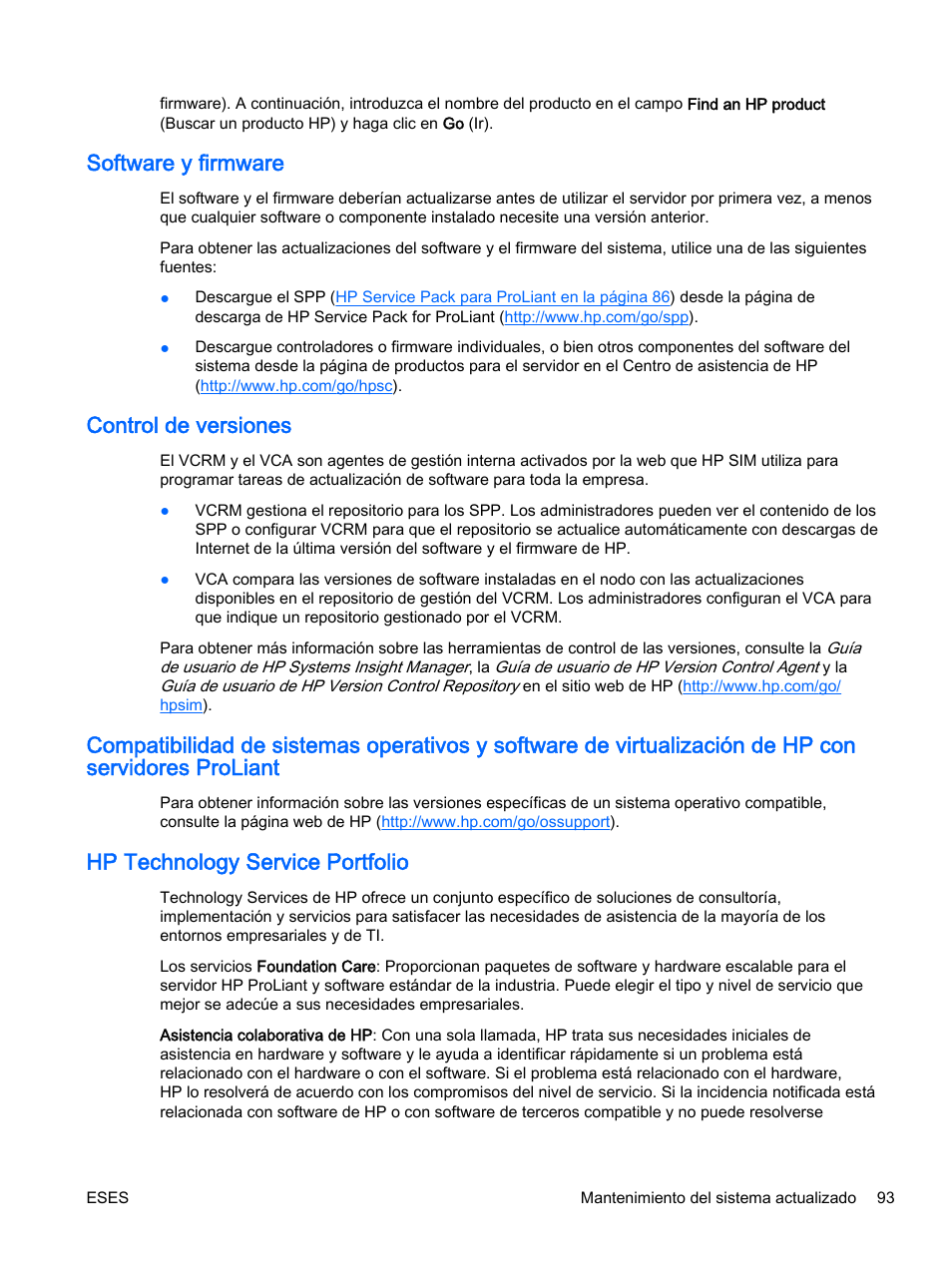 Software y firmware, Control de versiones, Hp technology service portfolio | HP Servidor HP ProLiant DL360p Gen8 User Manual | Page 100 / 129