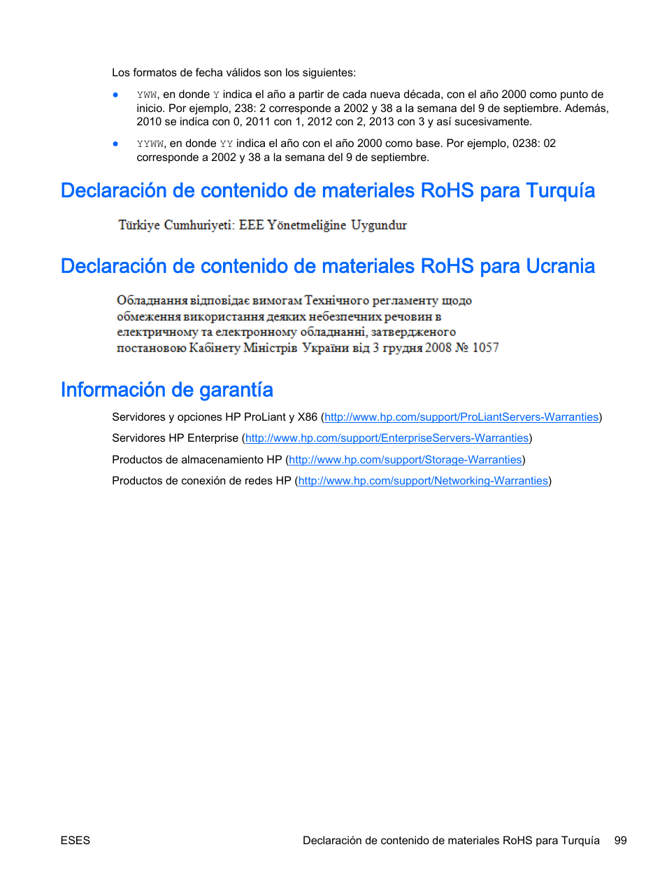 Información de garantía | HP Servidor HP ProLiant DL360p Gen8 User Manual | Page 106 / 129