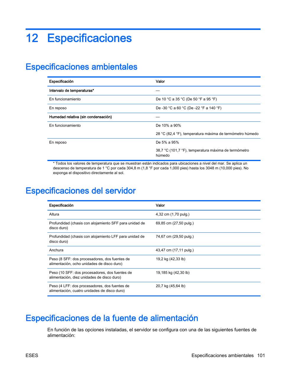 Especificaciones, Especificaciones ambientales, Especificaciones del servidor | Especificaciones de la fuente de alimentación, 12 especificaciones | HP Servidor HP ProLiant DL360p Gen8 User Manual | Page 108 / 129