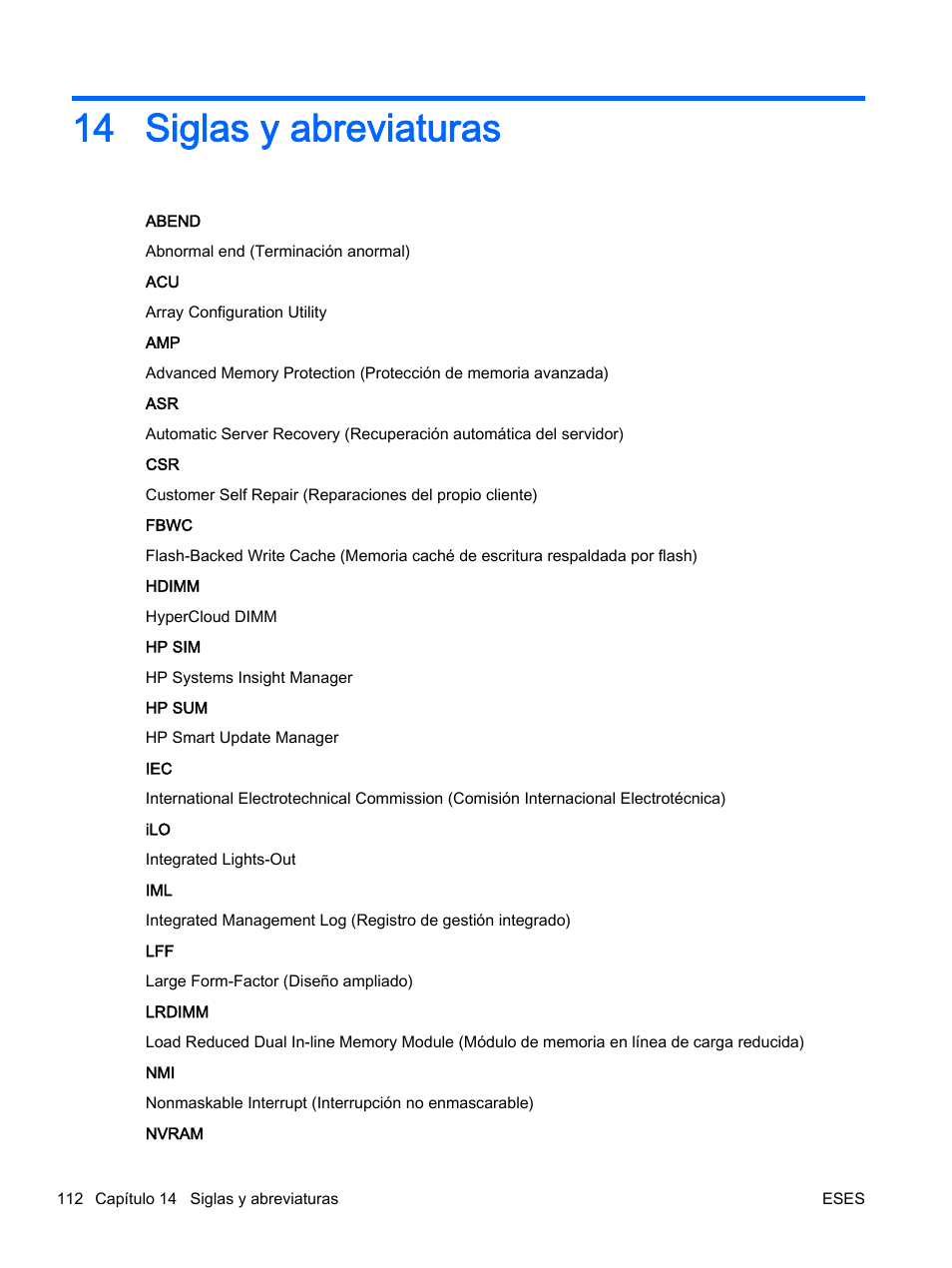 Siglas y abreviaturas, 14 siglas y abreviaturas | HP Servidor HP ProLiant DL360p Gen8 User Manual | Page 119 / 129