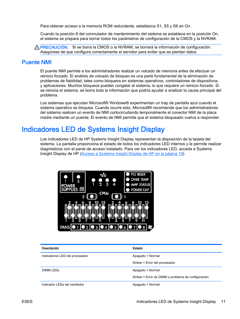 Puente nmi, Indicadores led de systems insight display | HP Servidor HP ProLiant DL360p Gen8 User Manual | Page 18 / 129