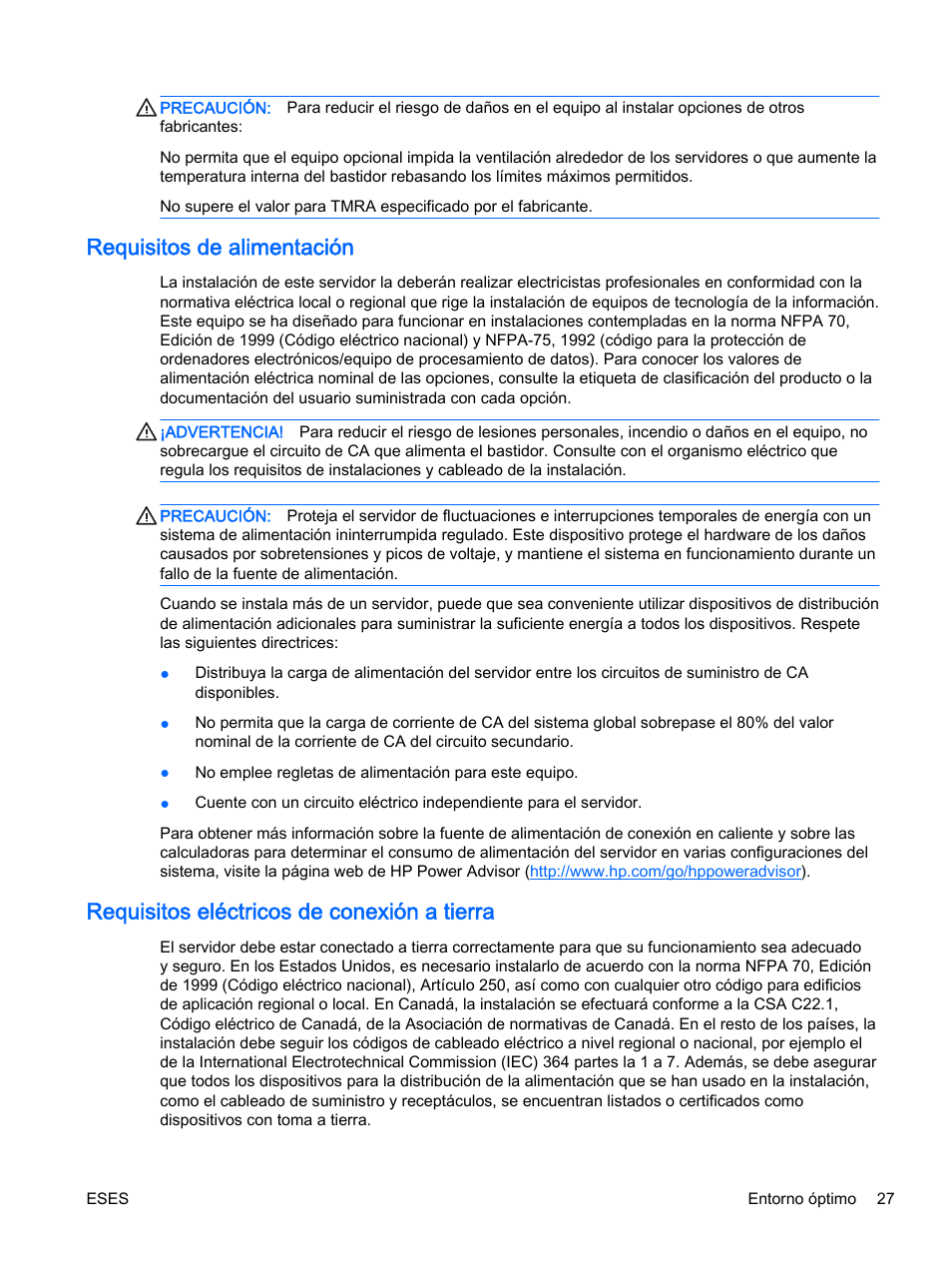 Requisitos de alimentación, Requisitos eléctricos de conexión a tierra | HP Servidor HP ProLiant DL360p Gen8 User Manual | Page 34 / 129
