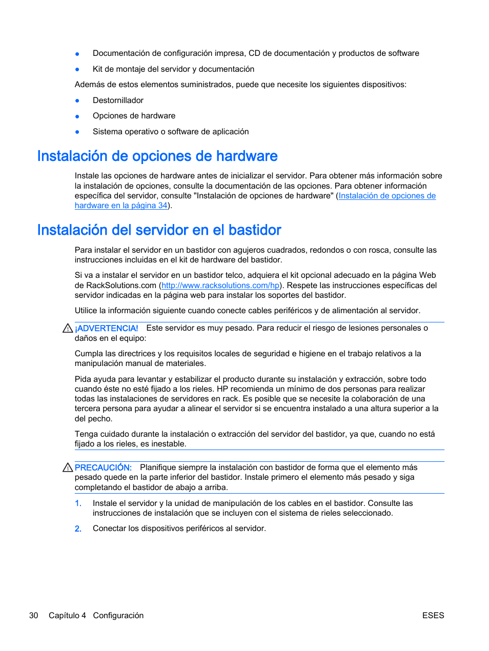 Instalación de opciones de hardware, Instalación del servidor en el bastidor | HP Servidor HP ProLiant DL360p Gen8 User Manual | Page 37 / 129
